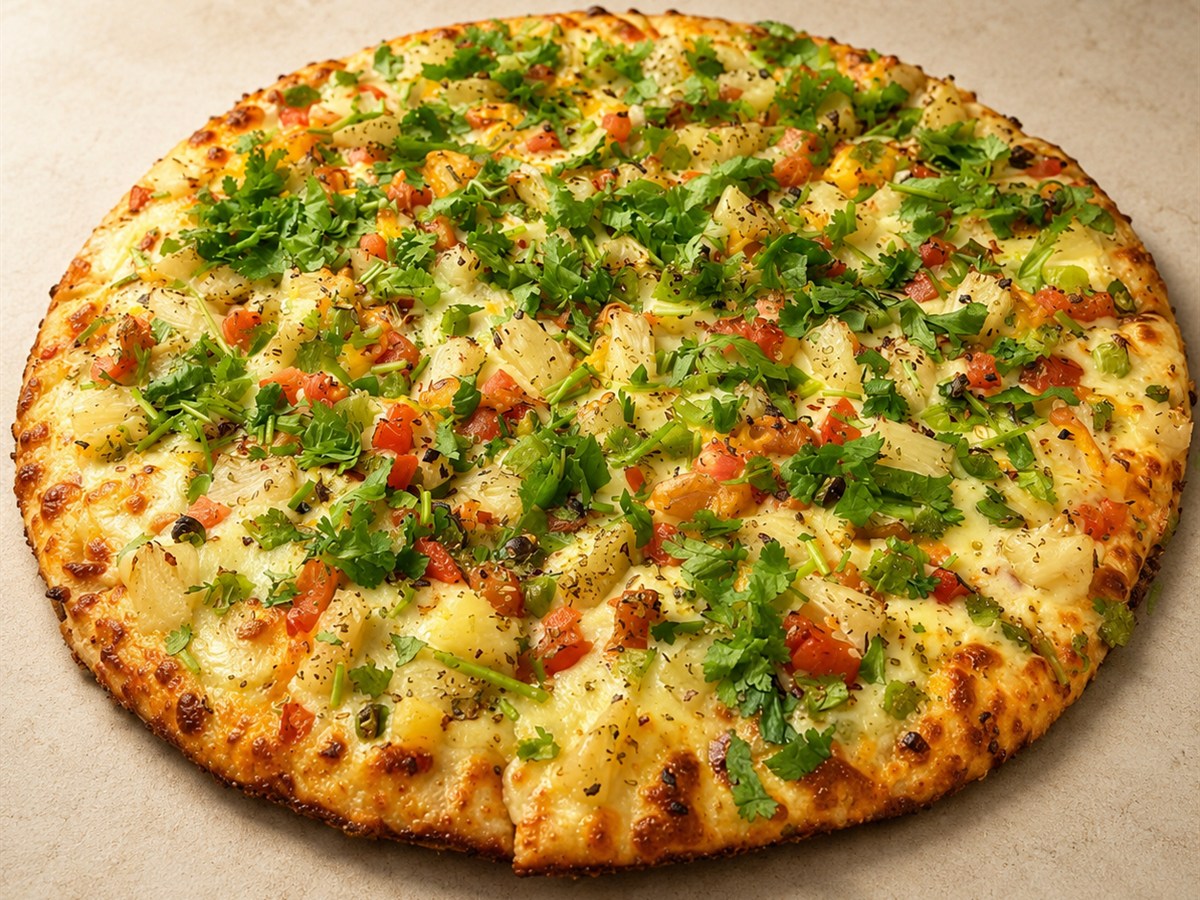 Desi Veggie Pizza with green pepper, pineapple, tomato, green chili and cilantro